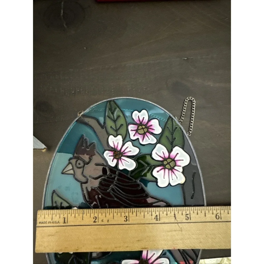 Red Cardinal Bird & White Flowers Small Oval Stained Glass Suncatcher 7.5x5.5